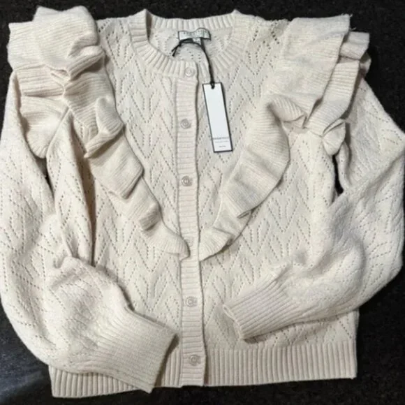 NWT Bagatelle Collection Ivor Ruffle Open Knit Cardigan Sweater Frilly Shoulders - Picture 2 of 7
